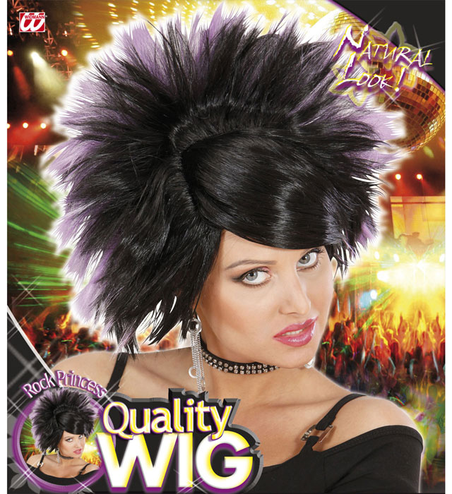 Rock Prinzessin Perücke schwarz und violett in Box für Fasnacht und Karneval