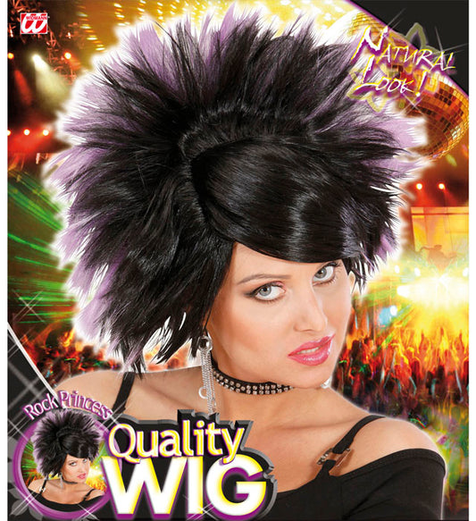 Rock Prinzessin Perücke schwarz und violett in Box für Fasnacht und Karneval