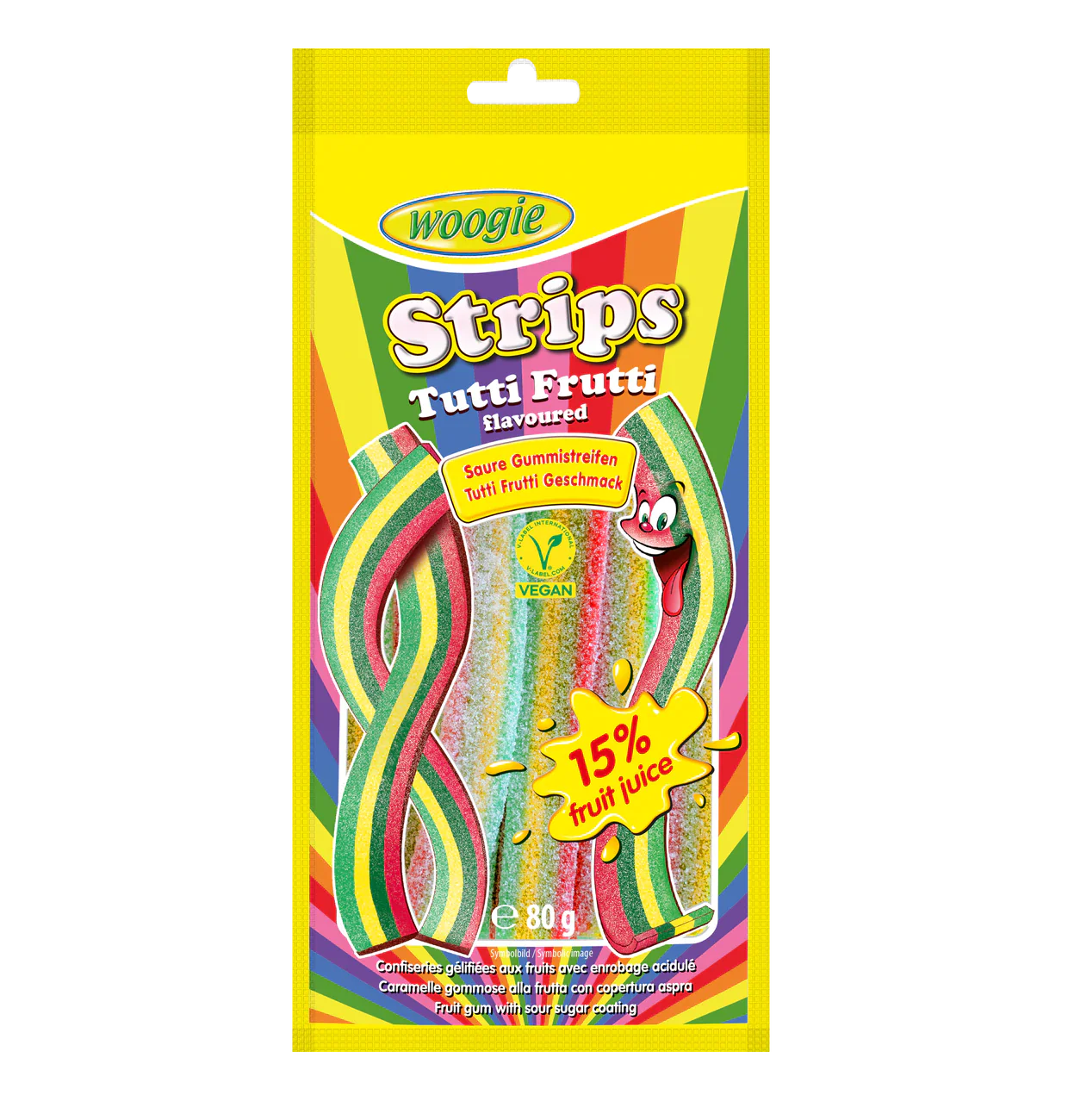 Woogie Rainbow Strips 80g Miami Tutti Frutti Fruchtgummi Produktbild – Produktansicht