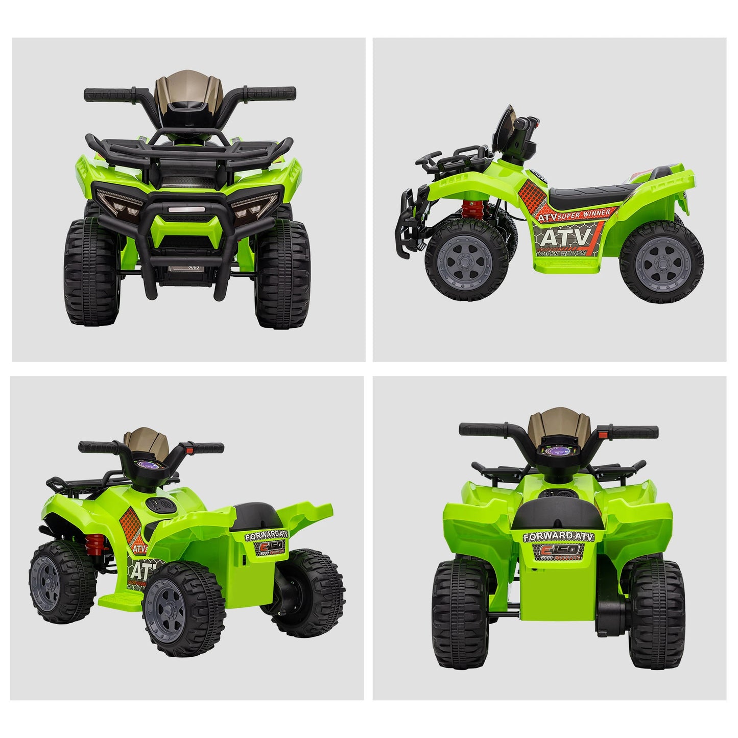 Grünes Elektro-Kinderquad für 18-36 Monate mit vier Reifen und einfachem Design.