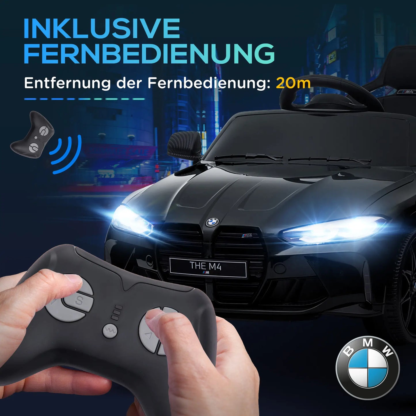 Schwarzes BMW M4 Elektro-Kinderauto mit Fernsteuerung und LED-Scheinwerfern für Kinder ab 3 Jahren.