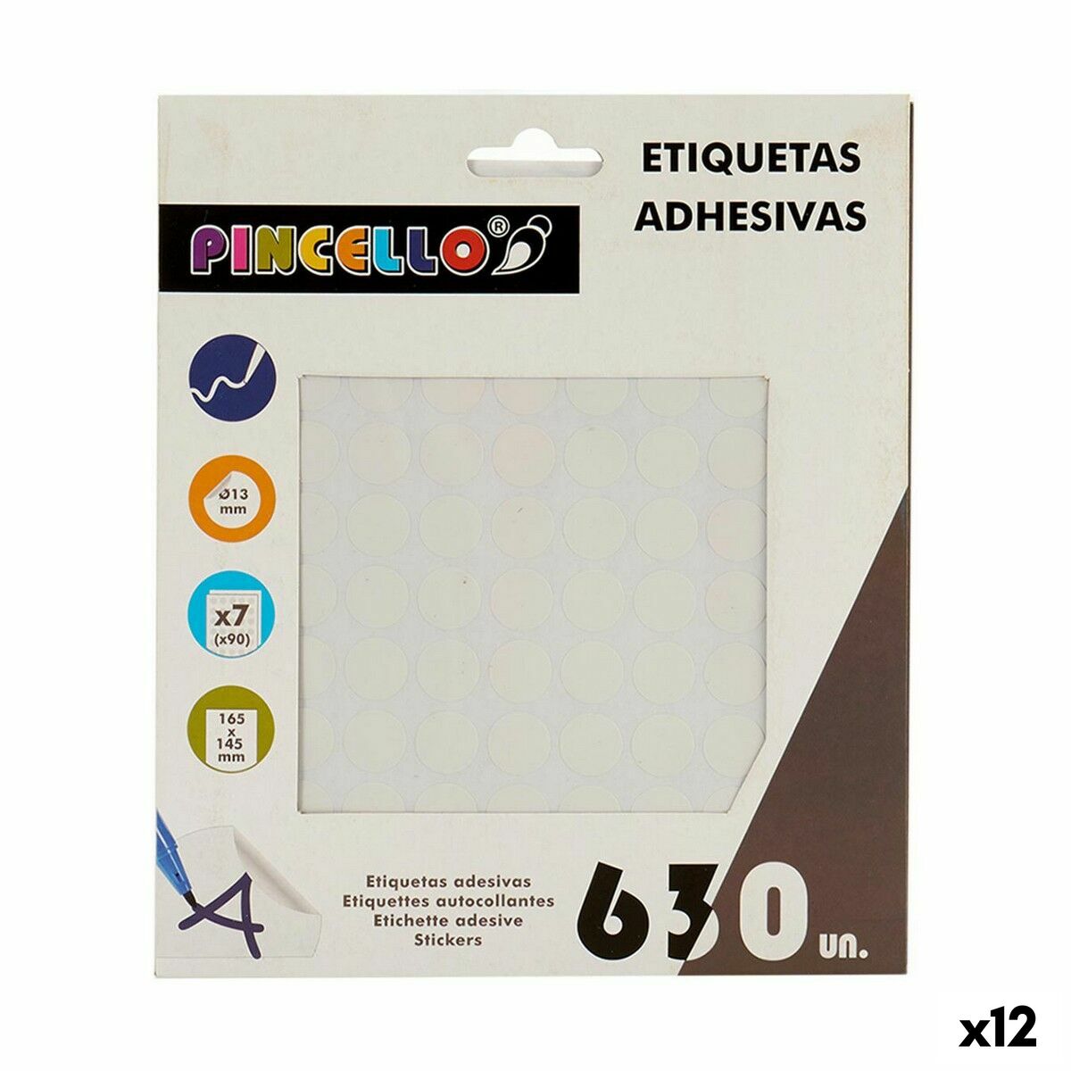 Pincello weisse Klebeetiketten Ø 13 mm, 12 Stück auf 7 Bögen – Produktansicht