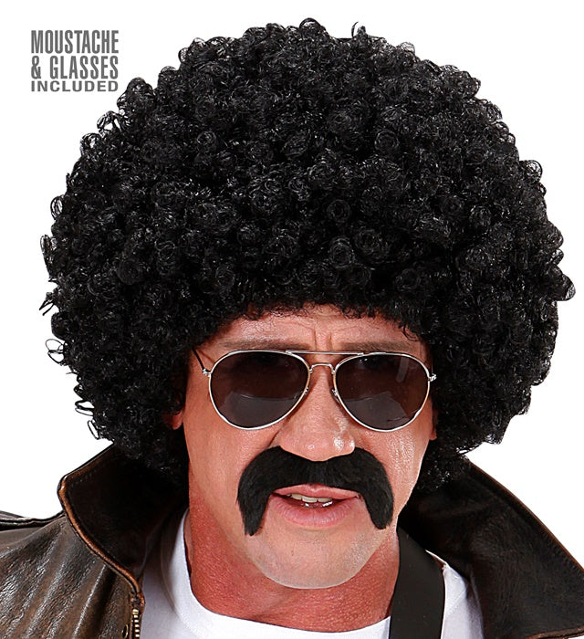Schwarze Lockenperücke mit Schnurrbart und schwarzer Sonnenbrille für Fasnacht