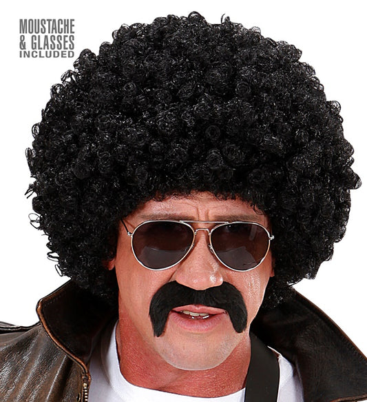 Schwarze Lockenperücke mit Schnurrbart und schwarzer Sonnenbrille für Fasnacht
