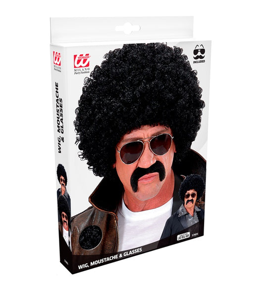 Schwarze Lockenperücke mit Schnurrbart und schwarzer Sonnenbrille für Fasnacht