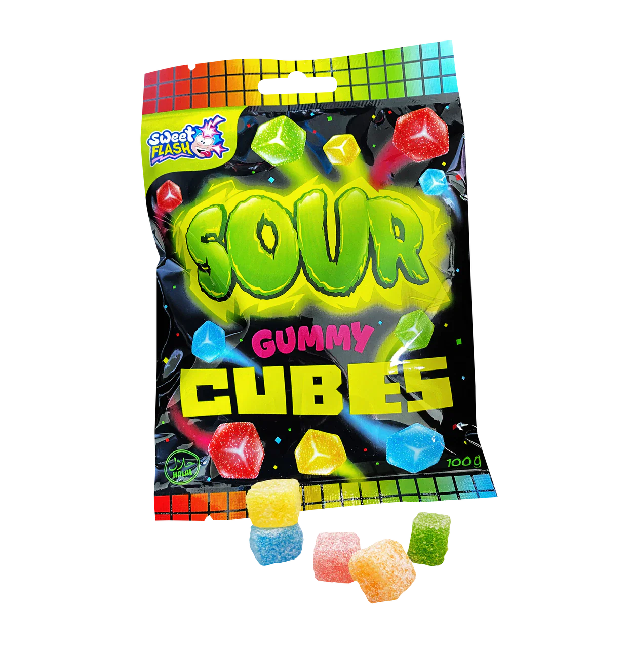 Sweet Flash Sour Gummy Cubes Fruchtgummi 100g Extra Saure Fruchtgummi in Würfelform.