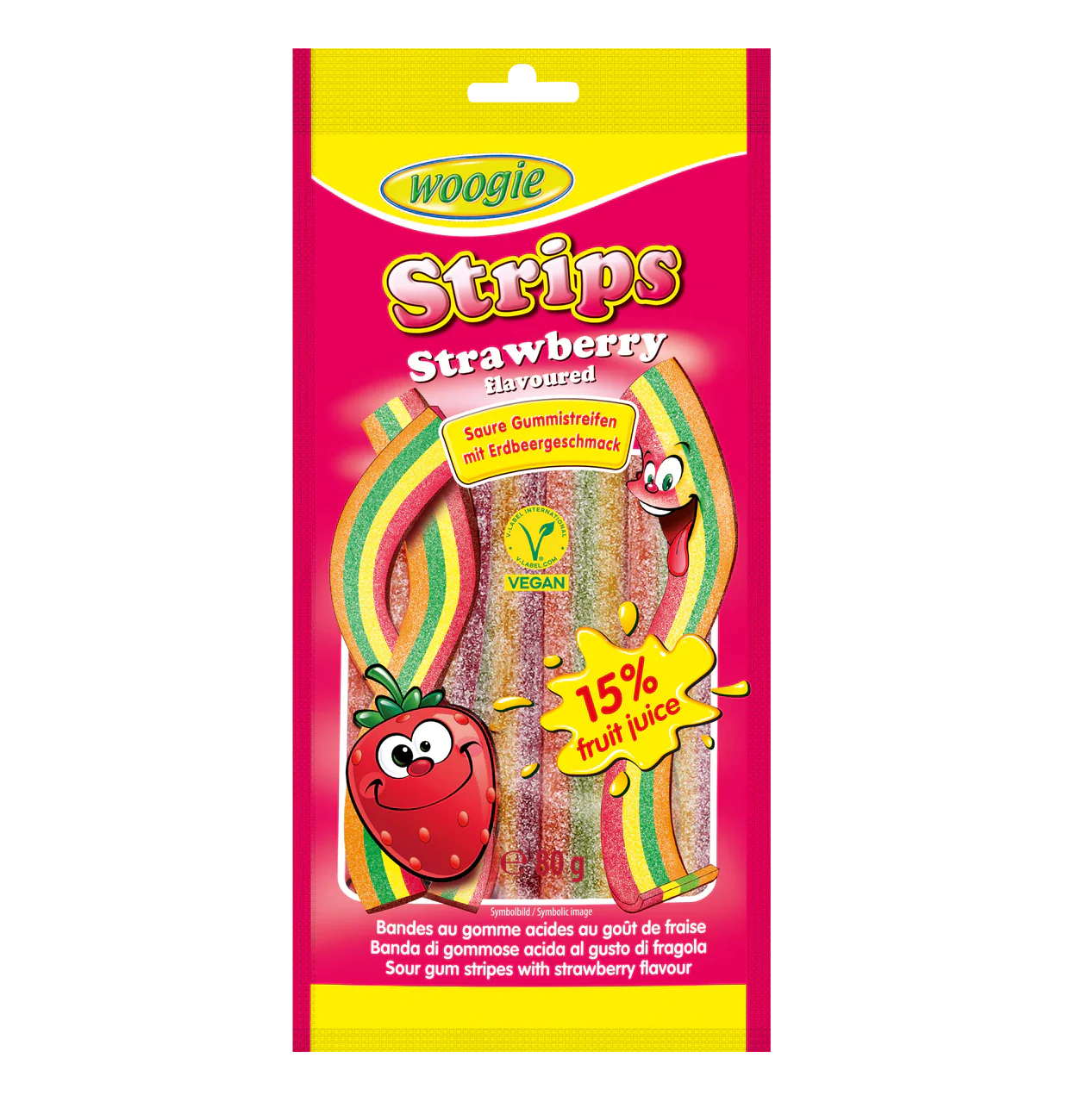 Woogie Sour Strawberry Strips 80g – Fruchtgummi Erdbeer sauer – Produktansicht