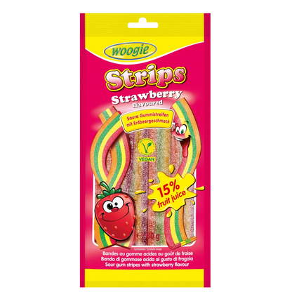 Woogie Sour Strawberry Strips 80 g saure Erdbeer-Fruchtgummistreifen – Produktansicht