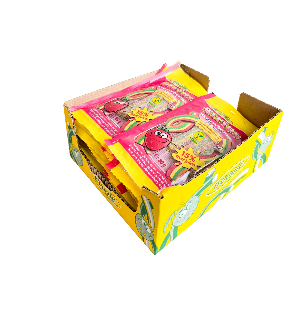 Woogie Sour Strawberry Strips 80g – Fruchtgummi Erdbeer sauer – Detailansicht