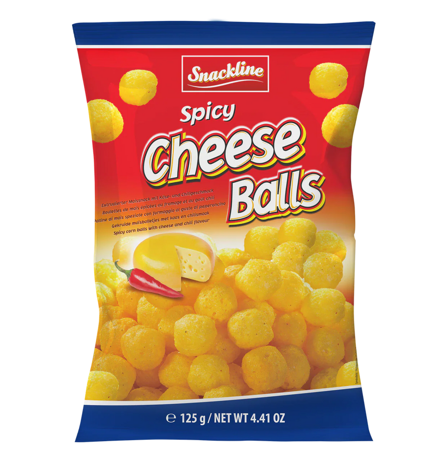 Snackline Spicy Cheese Balls 125g Maisbällchen mit echtem Käse, pikant gewürzt.