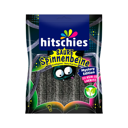 Hitschies Saure Spinnenbeine Mystery Edition 125 g, Vorderseite und Rückseite der Packung – Produktansicht