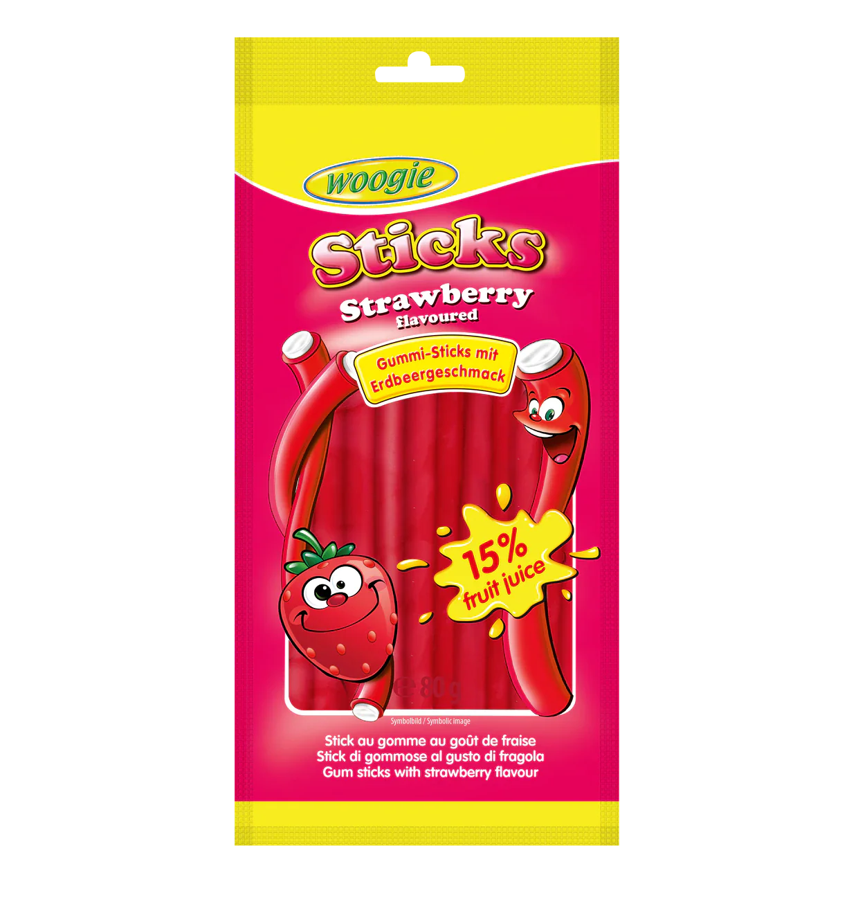 Woogie Strawberry Sticks mit Füllung 80g – Produktansicht