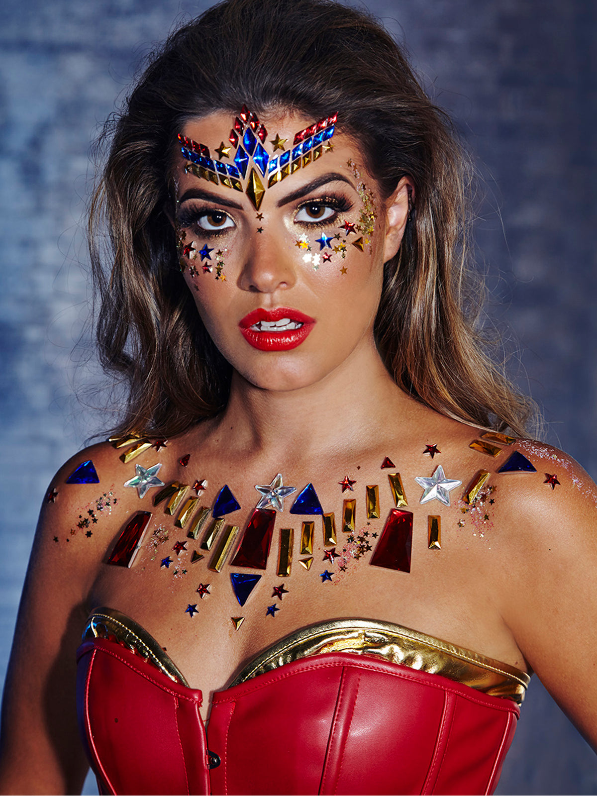 Wonder Woman Face Jewels glitzerndes Gesichtszubehör von Rubies – Rückansicht