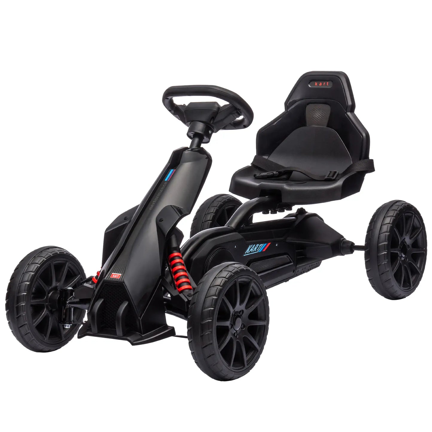 Schwarzes Go-Kart für Kinder mit verstellbarem Sitz und Handbremse, ideal für draußen.