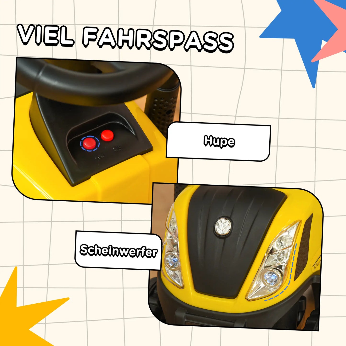 Gelber Homcom Rutsch-Traktor aus Kunststoff und Metall mit Anhänger, geeignet für Kinder ab 1 Jahr.