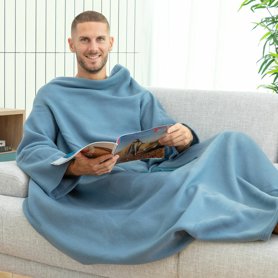 Faboulazy Ärmeldecke mit Tasche von InnovaGoods in Blau und Beige – Detailansicht