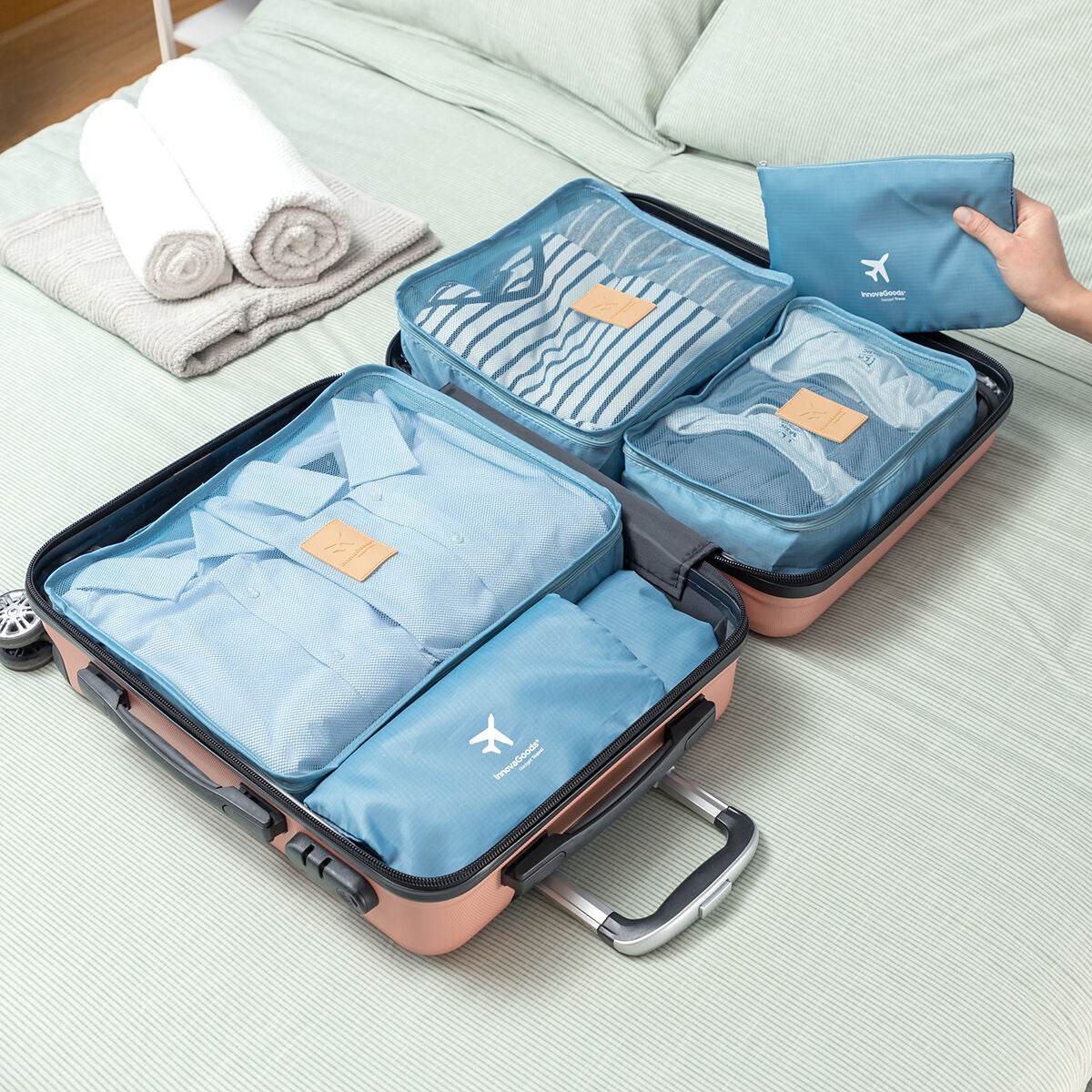Luggan Koffer-Organizer von InnovaGoods, blaues 6-teiliges Set – Seitenansicht