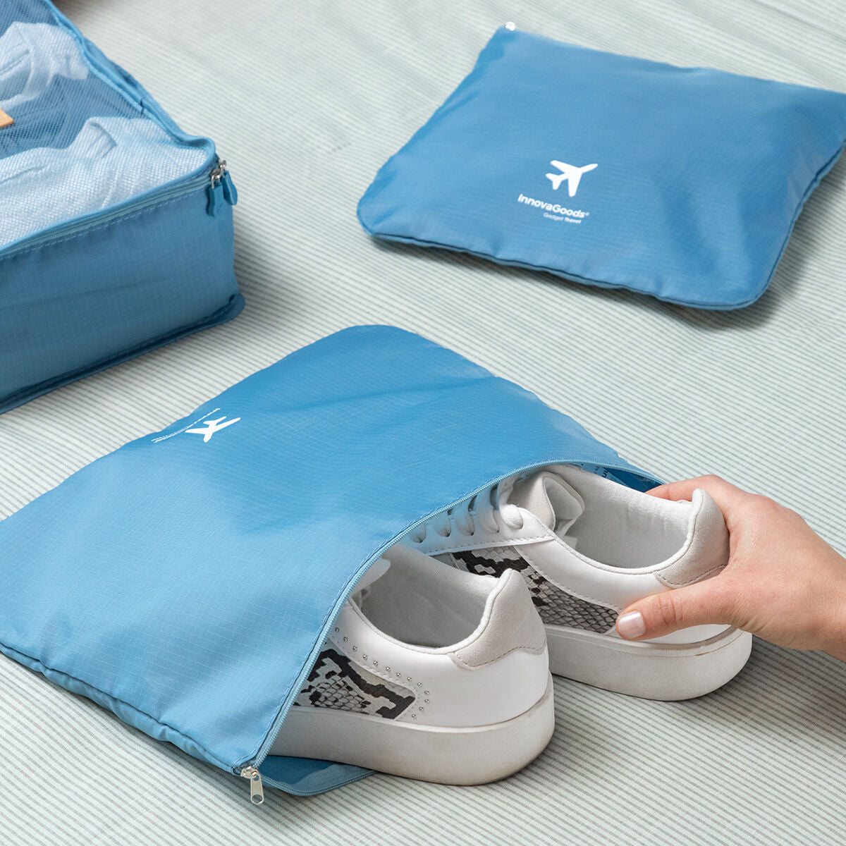 Luggan Koffer-Organizer von InnovaGoods, blaues 6-teiliges Set – Verpackung