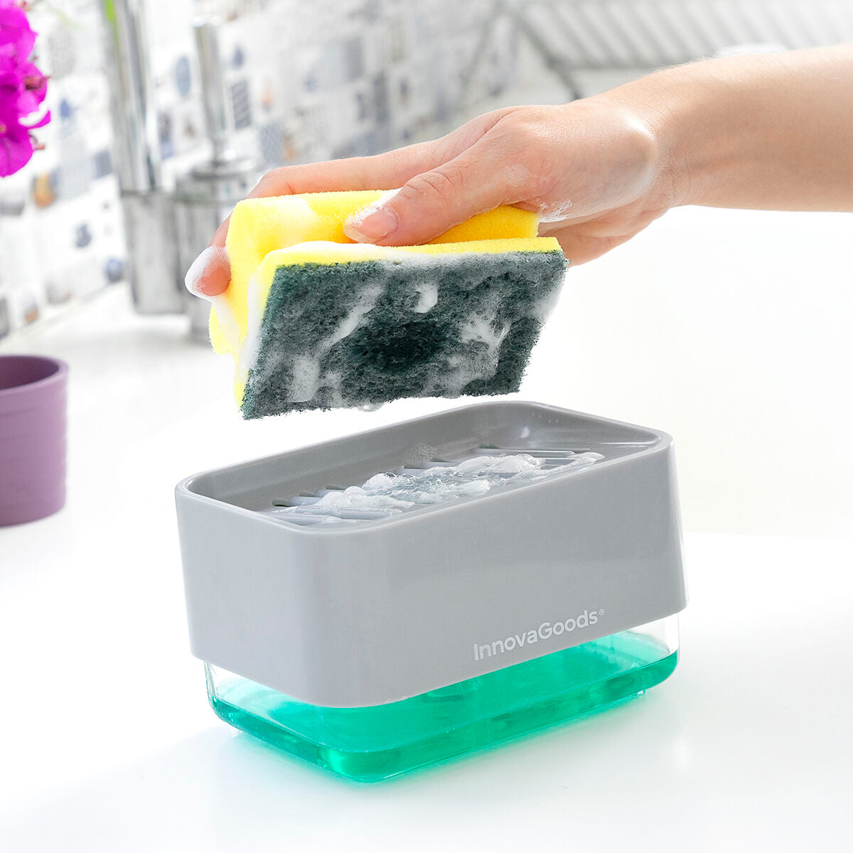 InnovaGoods Pushoap 2-in-1-Seifenspender für das Spülbecken mit Schwammhalter – Ansicht 8