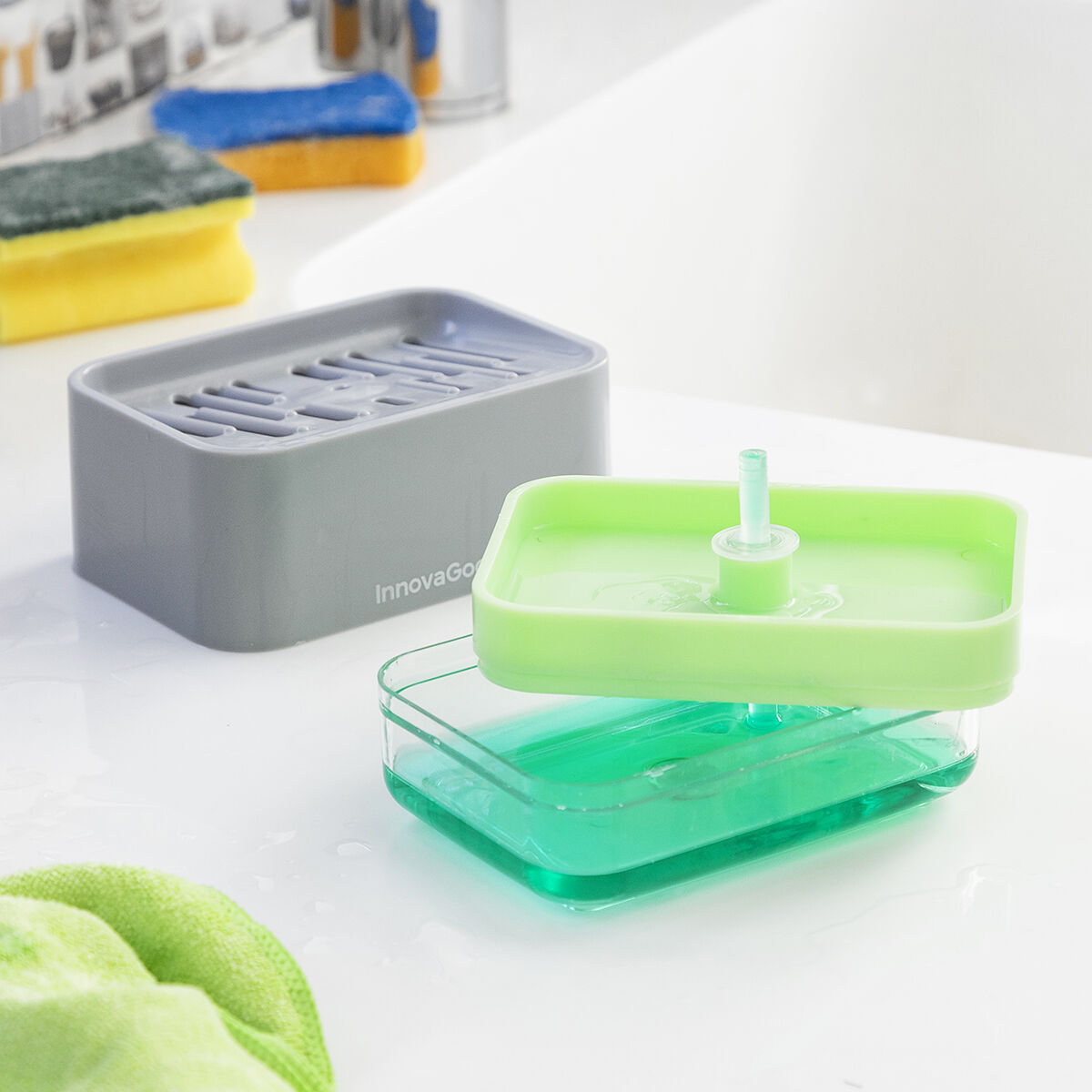 InnovaGoods Pushoap 2-in-1-Seifenspender für das Spülbecken mit Schwammhalter – Ansicht 7