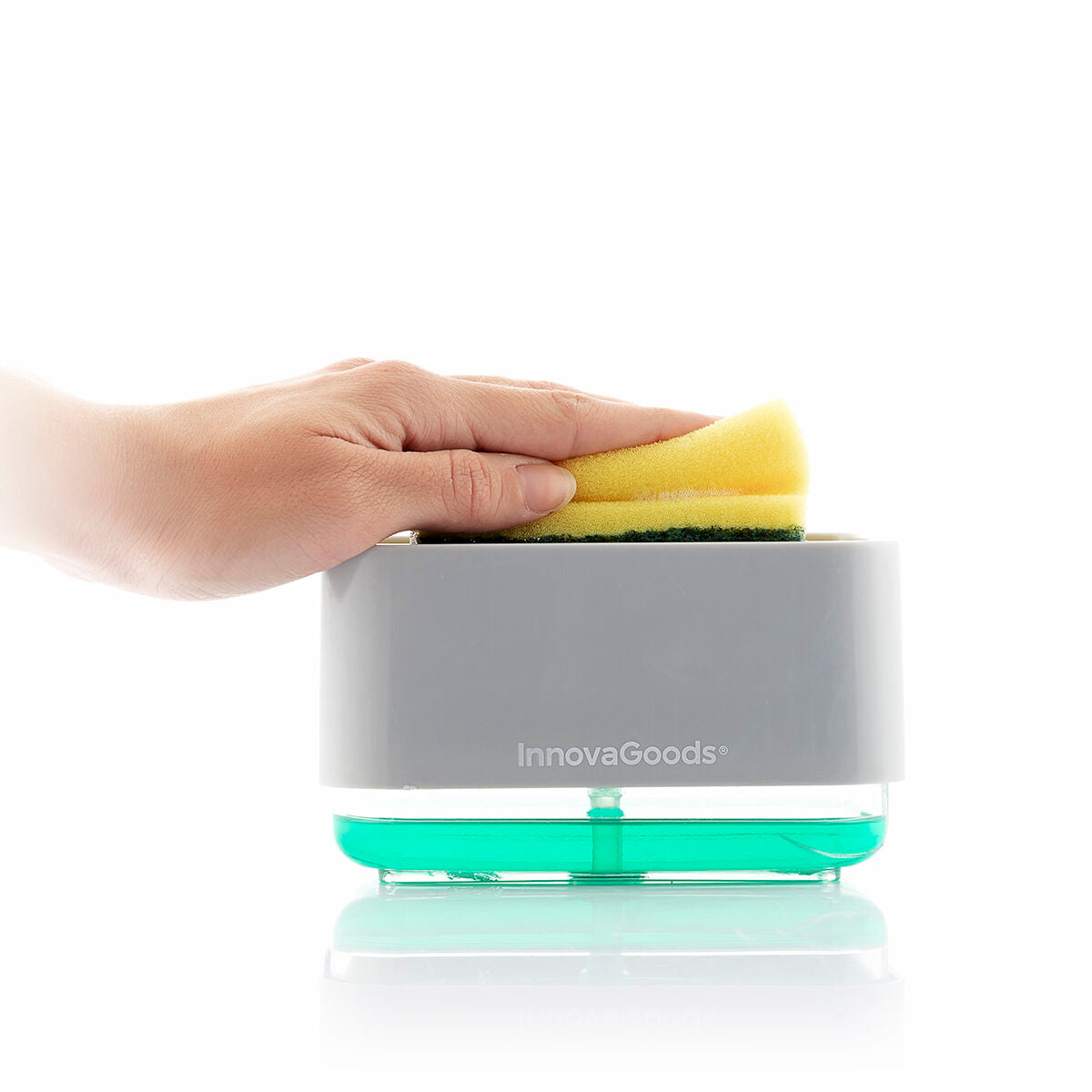 InnovaGoods Pushoap 2-in-1-Seifenspender für das Spülbecken mit Schwammhalter – Rückansicht