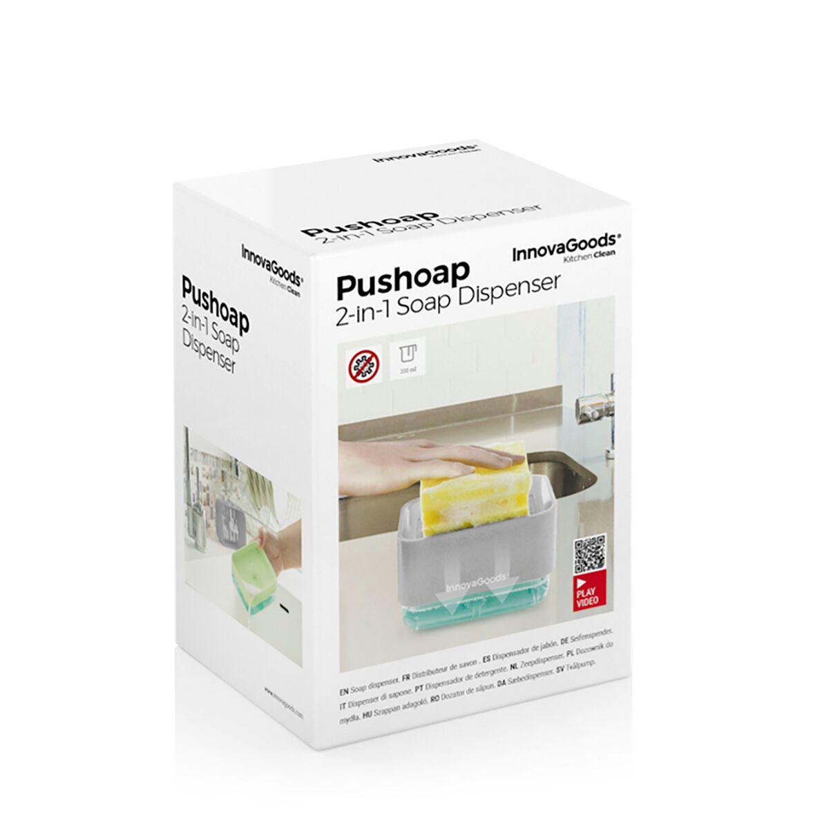 InnovaGoods Pushoap 2-in-1-Seifenspender für das Spülbecken mit Schwammhalter – Detailansicht