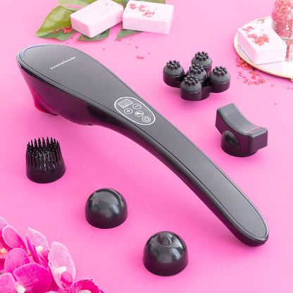 Wiederaufladbares Handmassagegerät Masfin von InnovaGoods in Schwarz mit Massageaufsätzen – Seitenansicht