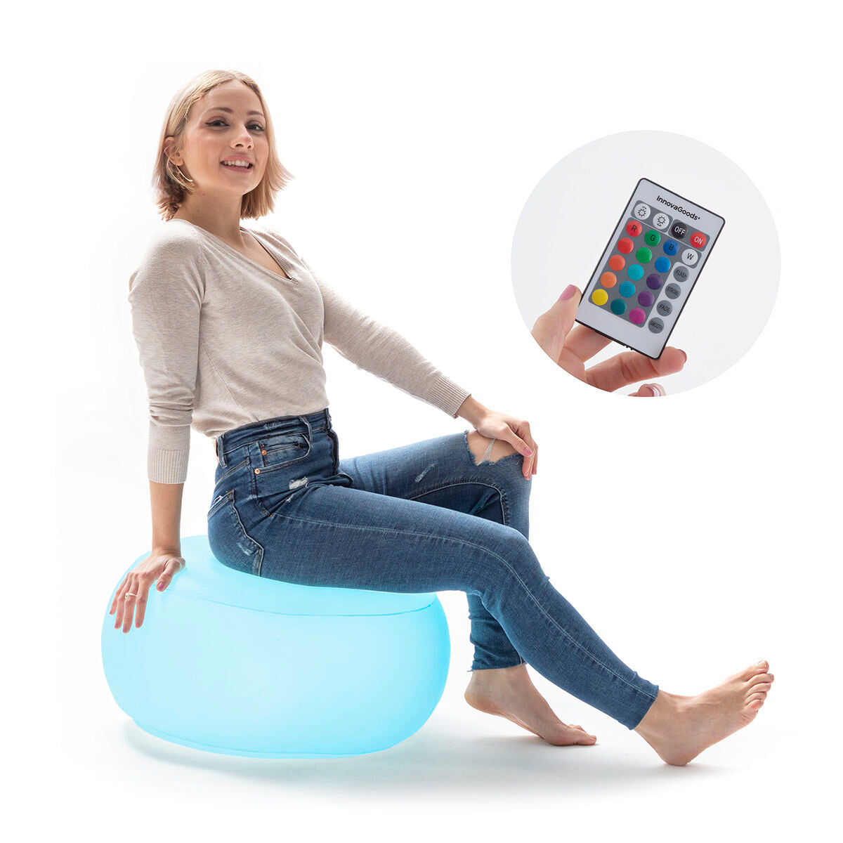 Aufblasbarer transparenter LED-Hocker Pulight von InnovaGoods mit mehrfarbiger Beleuchtung – Verpackung