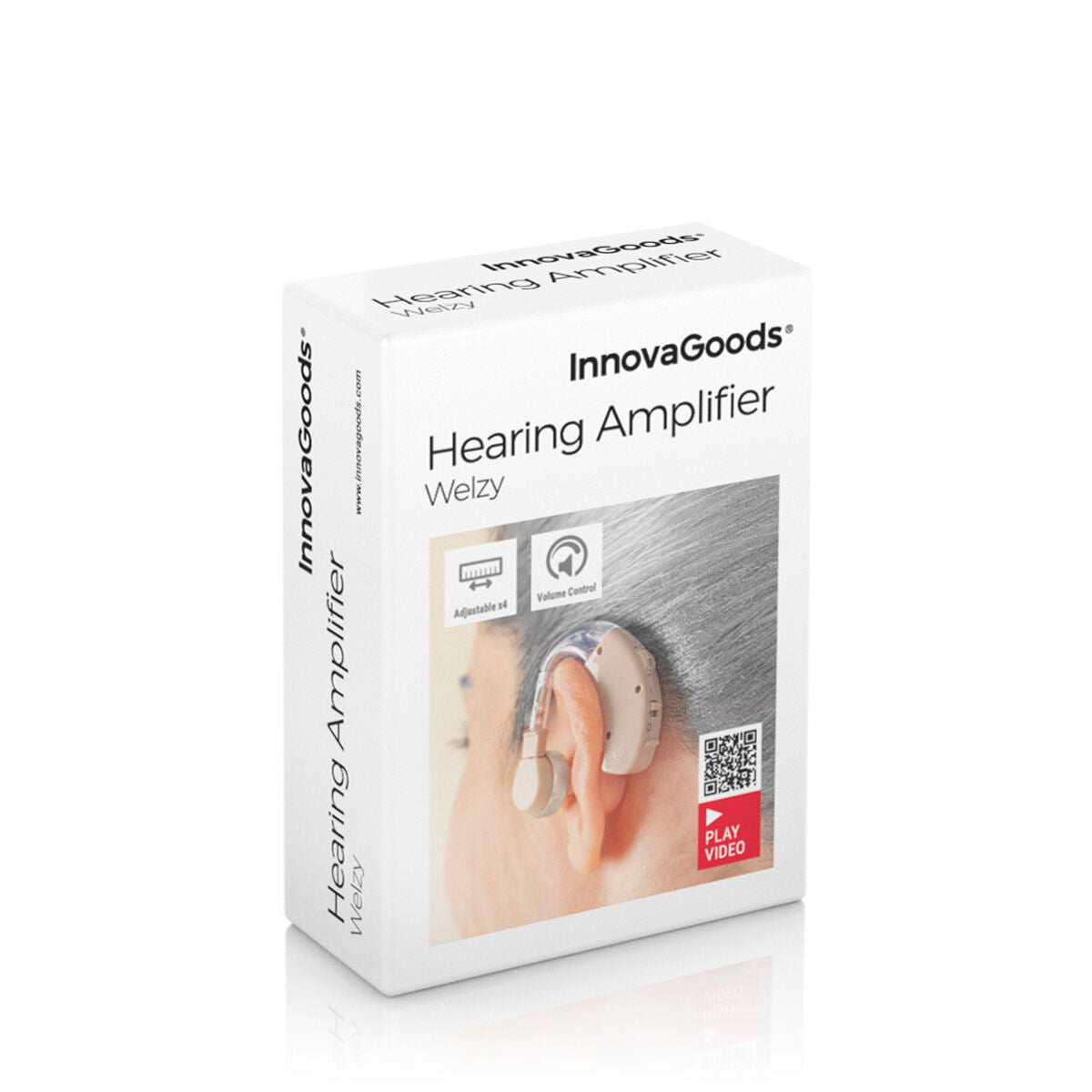 Welzy Hinter-dem-Ohr-Hörverstärker von InnovaGoods mit Zubehör – Verpackung