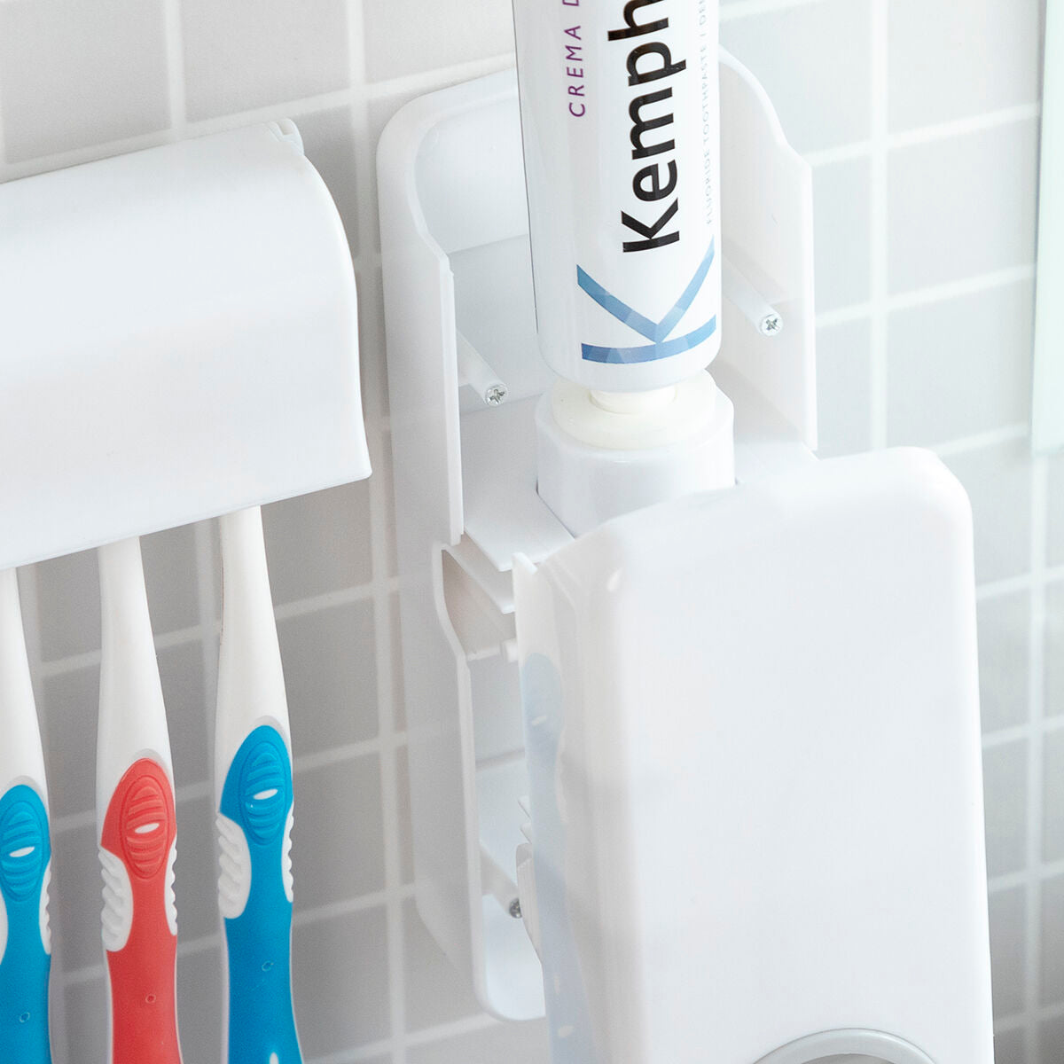 Zahnpastaspender mit Zahnbürstenhalter Diseeth von InnovaGoods in Weiss und Grau – Ansicht 7