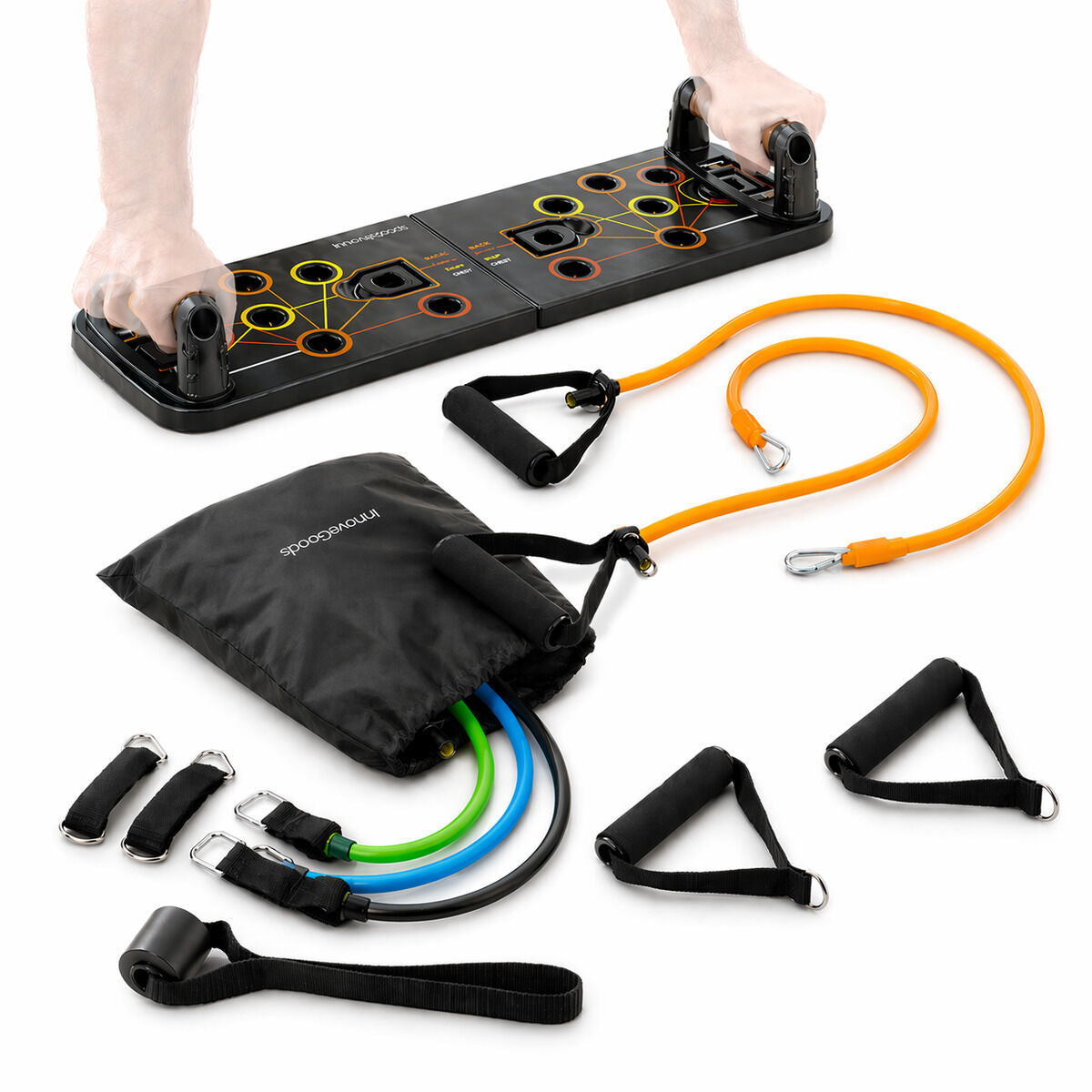 Liegestützbrett- und Widerstandsband-Set mit Zubehör von InnovaGoods – Produktansicht