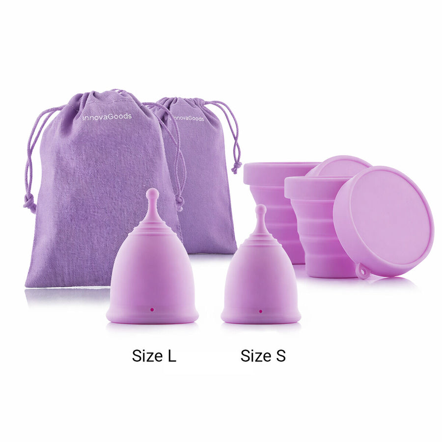 2er-Pack Kuppy Menstruationstassen von InnovaGoods in S und L mit Zubehör – Produktansicht
