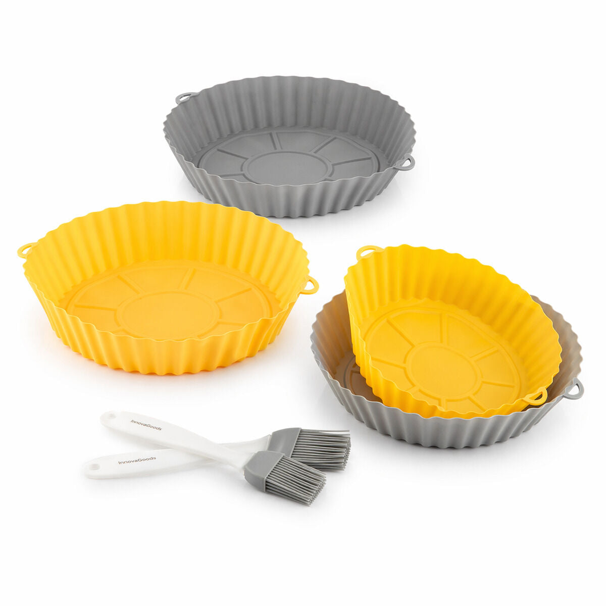 4er-Pack Silikonkörbe mit Griffen für Heissluftfritteuse und 2 Küchenpinsel InnovaGoods – Produktansicht