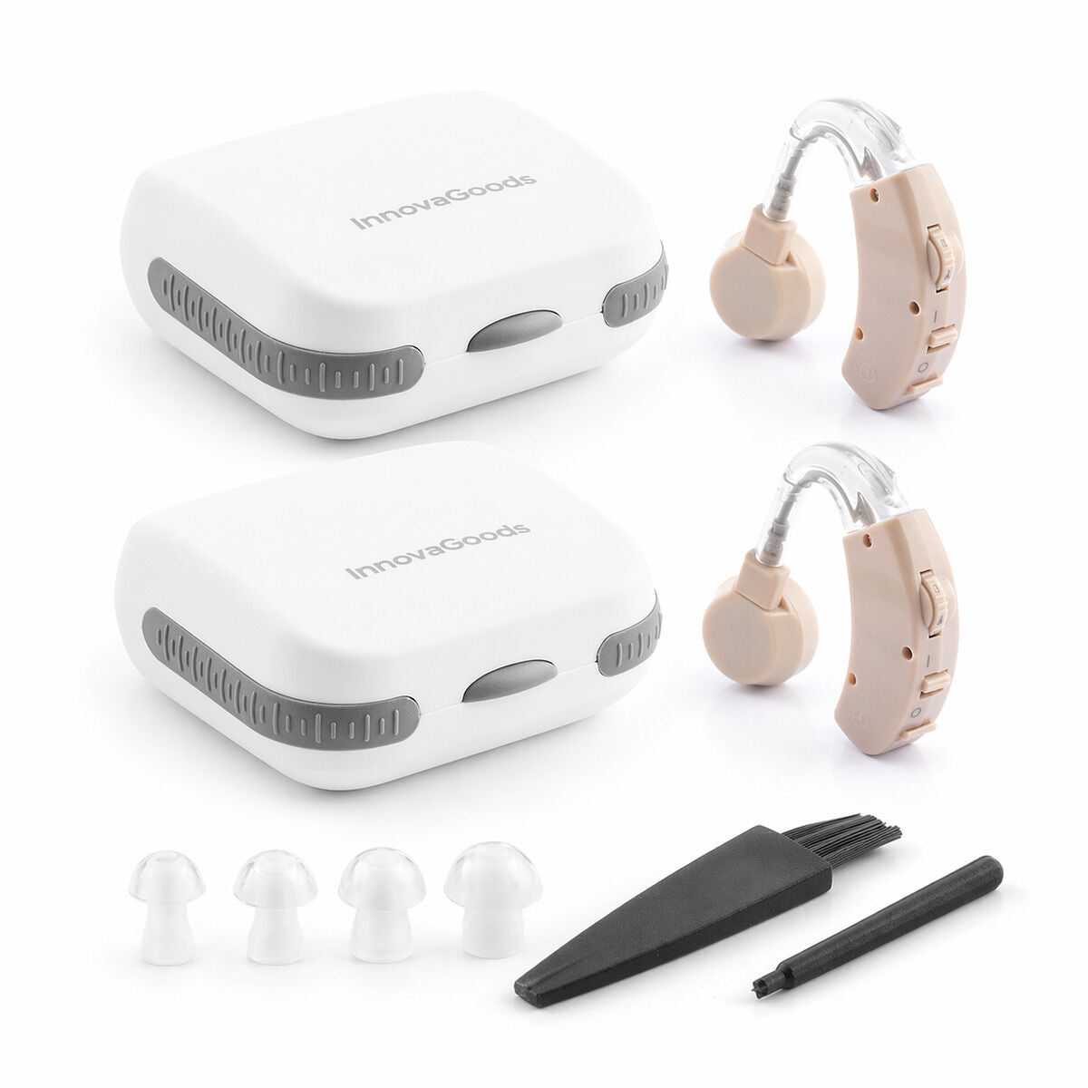 InnovaGoods Set mit zwei Hinter-dem-Ohr-Hörverstärkern und Zubehör – Produktansicht