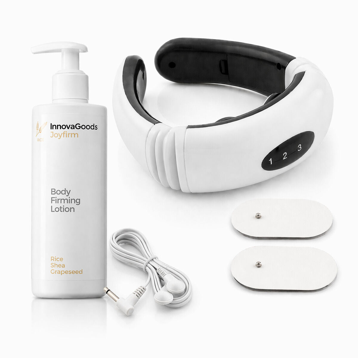 InnovaGoods Calmagner Nacken- und Rückenmassagegerät mit Rice Joyfirm Körperlotion 250 ml – Produktansicht