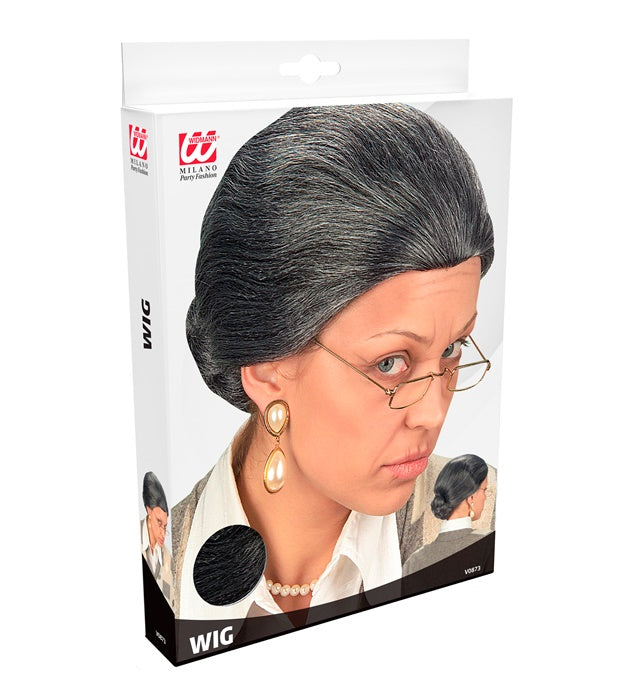 Oma-Perücke in grau mit nostalgischem Look in Aufbewahrungsbox