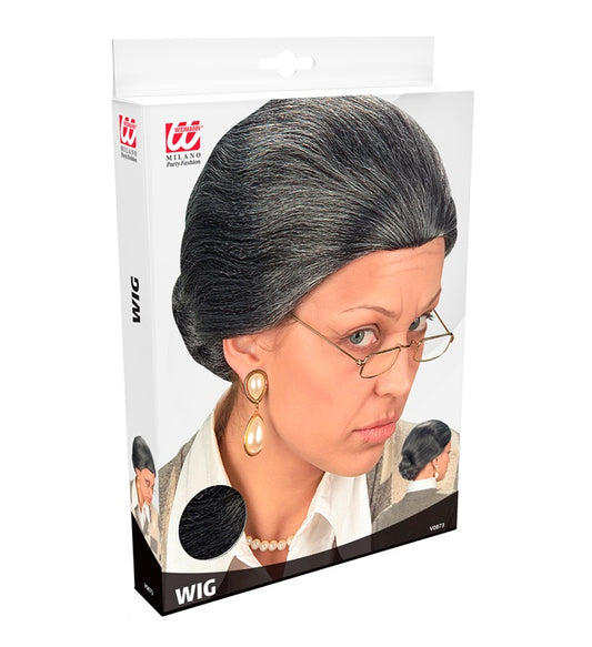 Oma-Perücke in grau mit nostalgischem Look in Aufbewahrungsbox
