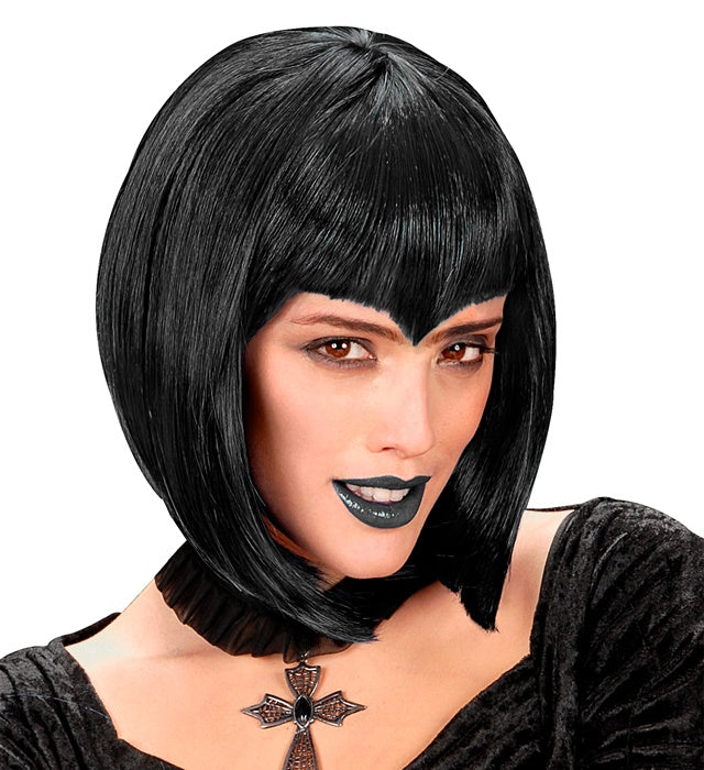 Schwarze Gothic Vamp Perücke in Box für Halloween und Fasnacht