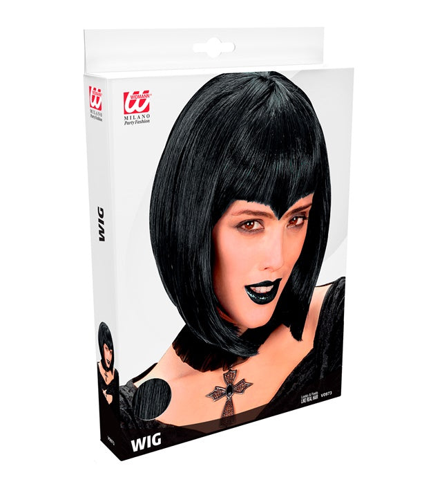 Schwarze Gothic Vamp Perücke in Box für Halloween und Fasnacht