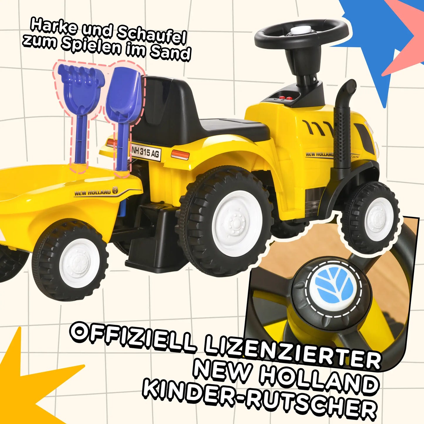 Gelber Rutsch-Traktor aus Kunststoff und Metall mit Anhänger, geeignet für Kinder ab 1 Jahr.