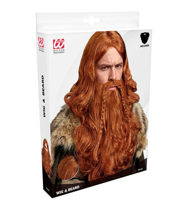 Wikinger-Perücke mit langem Haar, Bart und Schnurrbart in Verpackung