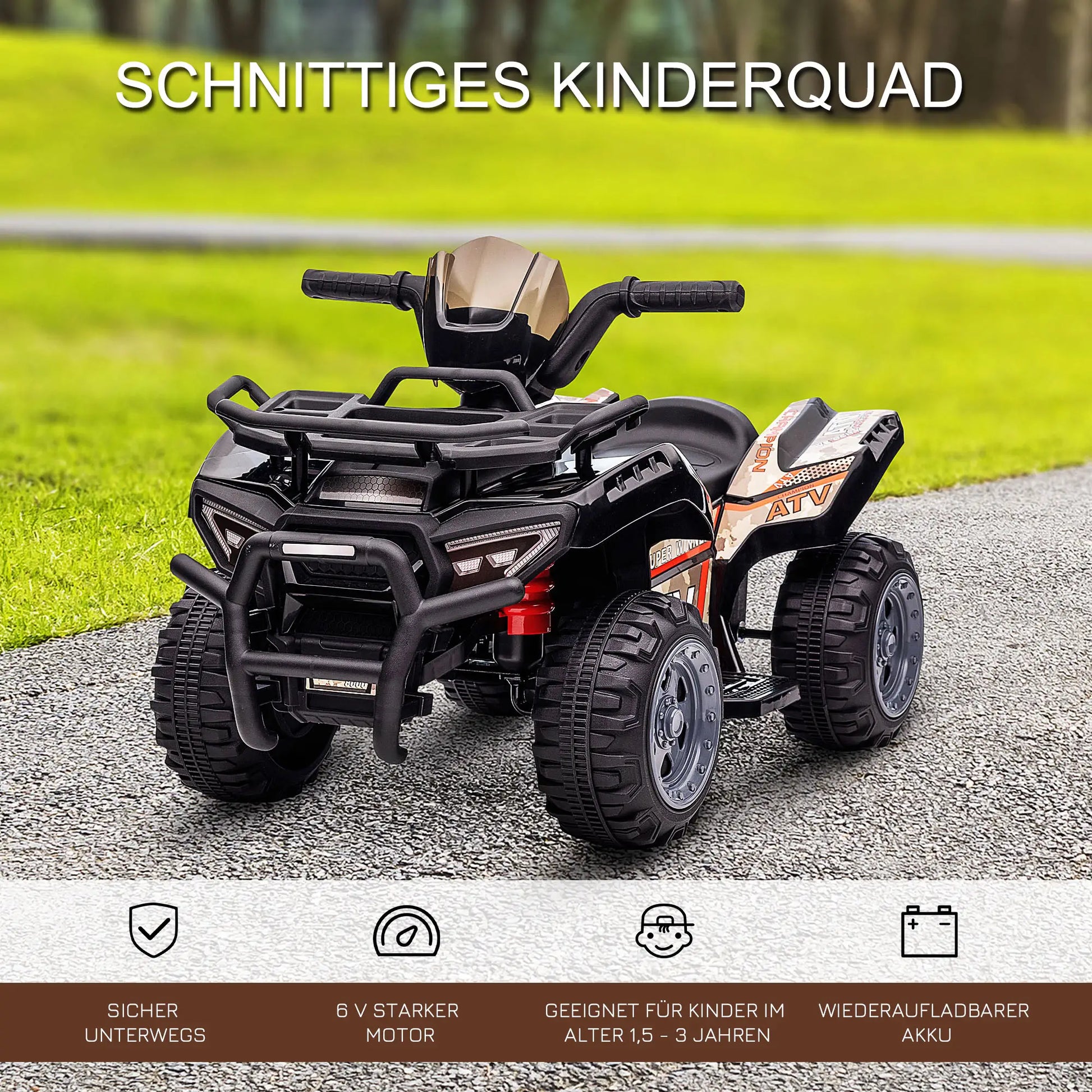 Schwarzes Kinder Elektro Quad 6V mit Musikfunktion, geeignet für 18-36 Monate alte Kinder.