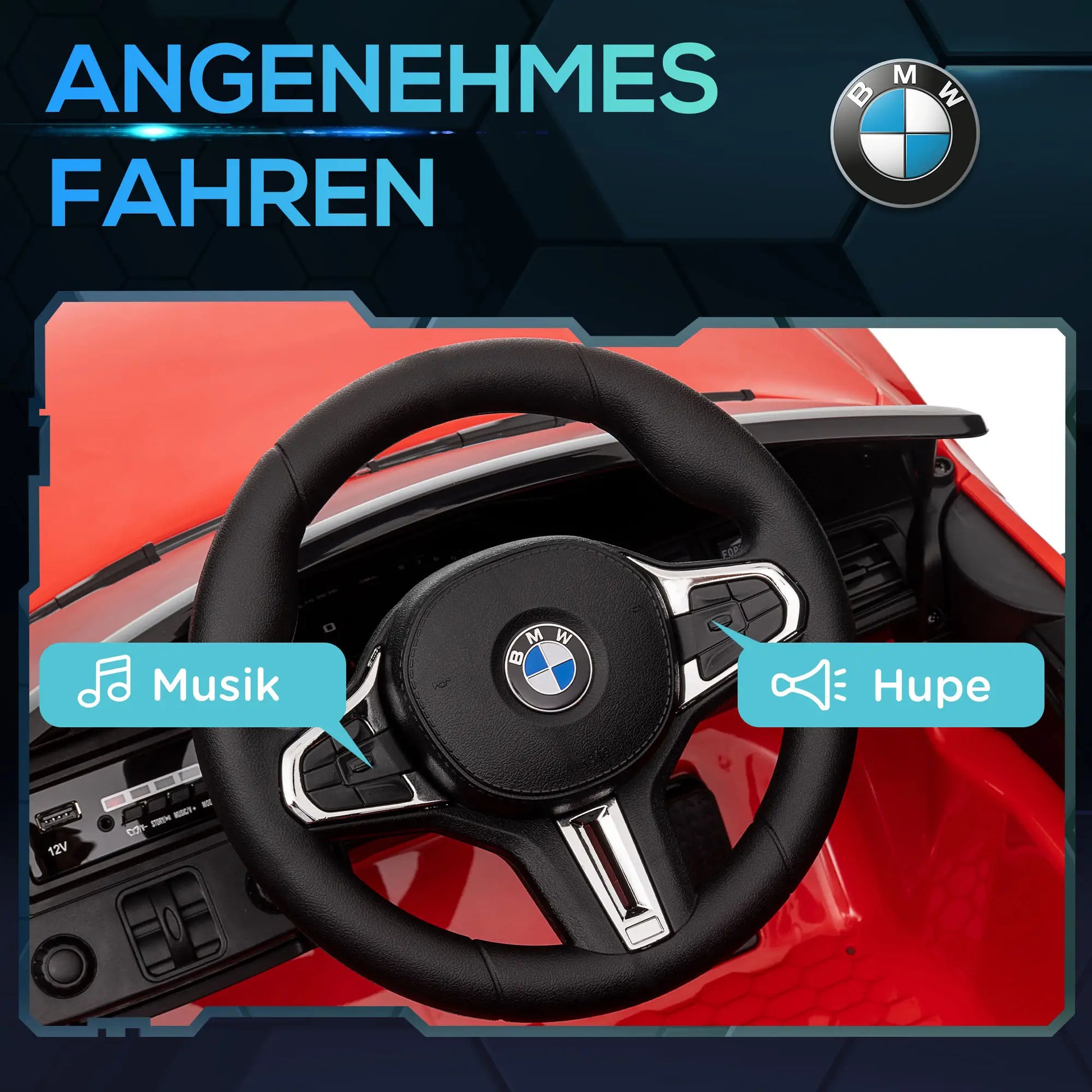 Rotes BMW M4 Elektro Kinderauto mit Fernsteuerung und LED-Scheinwerfern für Kinder ab 3 Jahren.