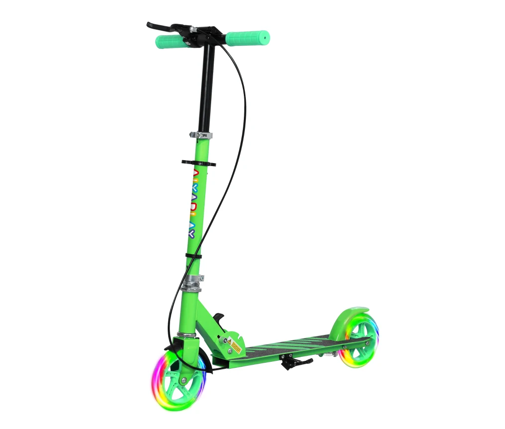 Grüner klappbarer Kinderroller mit höhenverstellbarem Lenker und leuchtenden Rädern, 3-8 Jahre.