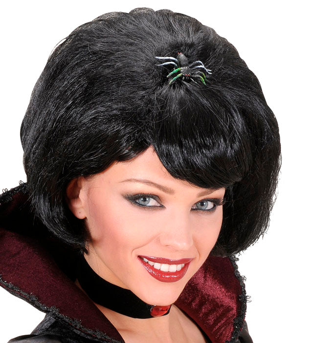 Schwarze Fasnachtsperücke mit Spinnen-Design für Mottoparty