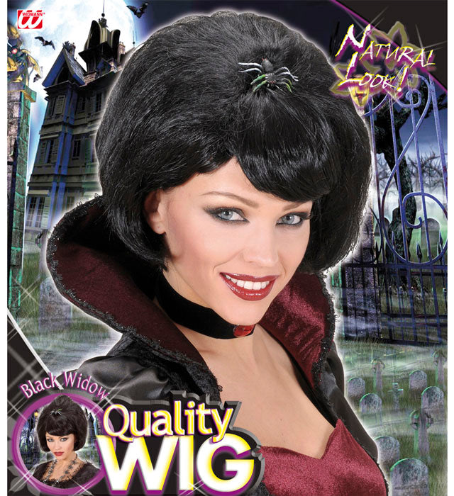 Schwarze Fasnachtsperücke mit Spinnen-Design für Mottoparty