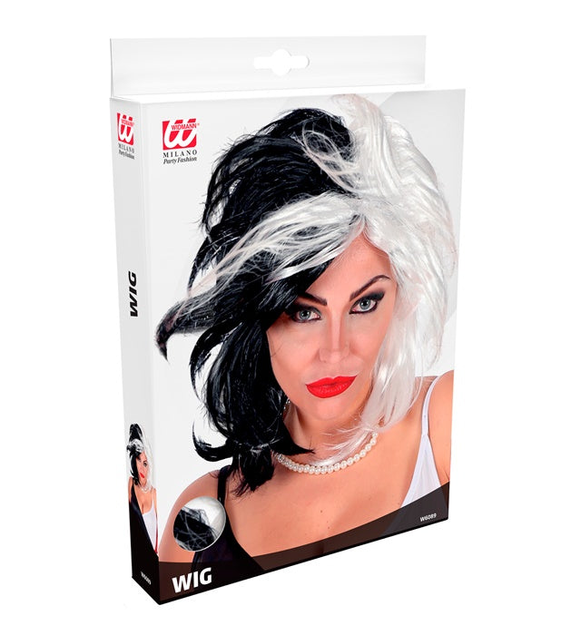 Schwarz-weisse Perücke in Box als Fasnacht und Halloween Kostümzubehör