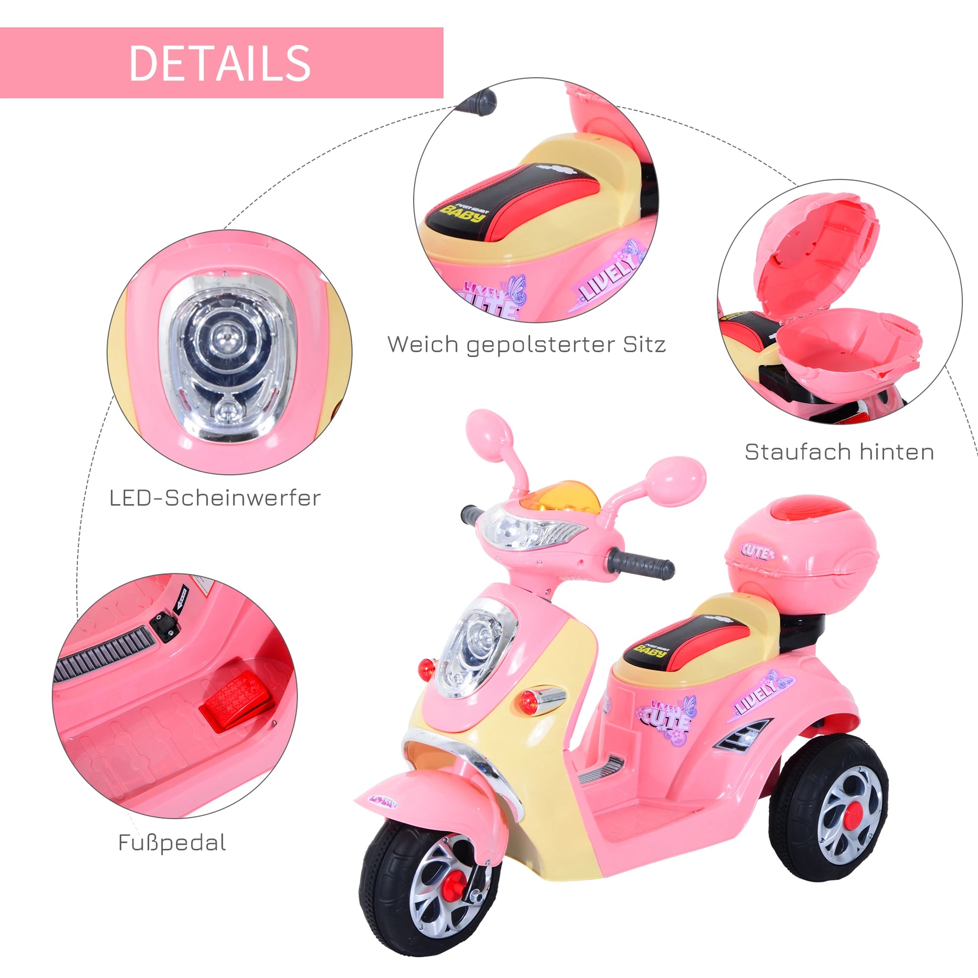 HOMCOM Kinder Elektromotorrad Dreirad – 6V Elektrofahrzeug Rosa-Gelb - Fasnacht24.ch