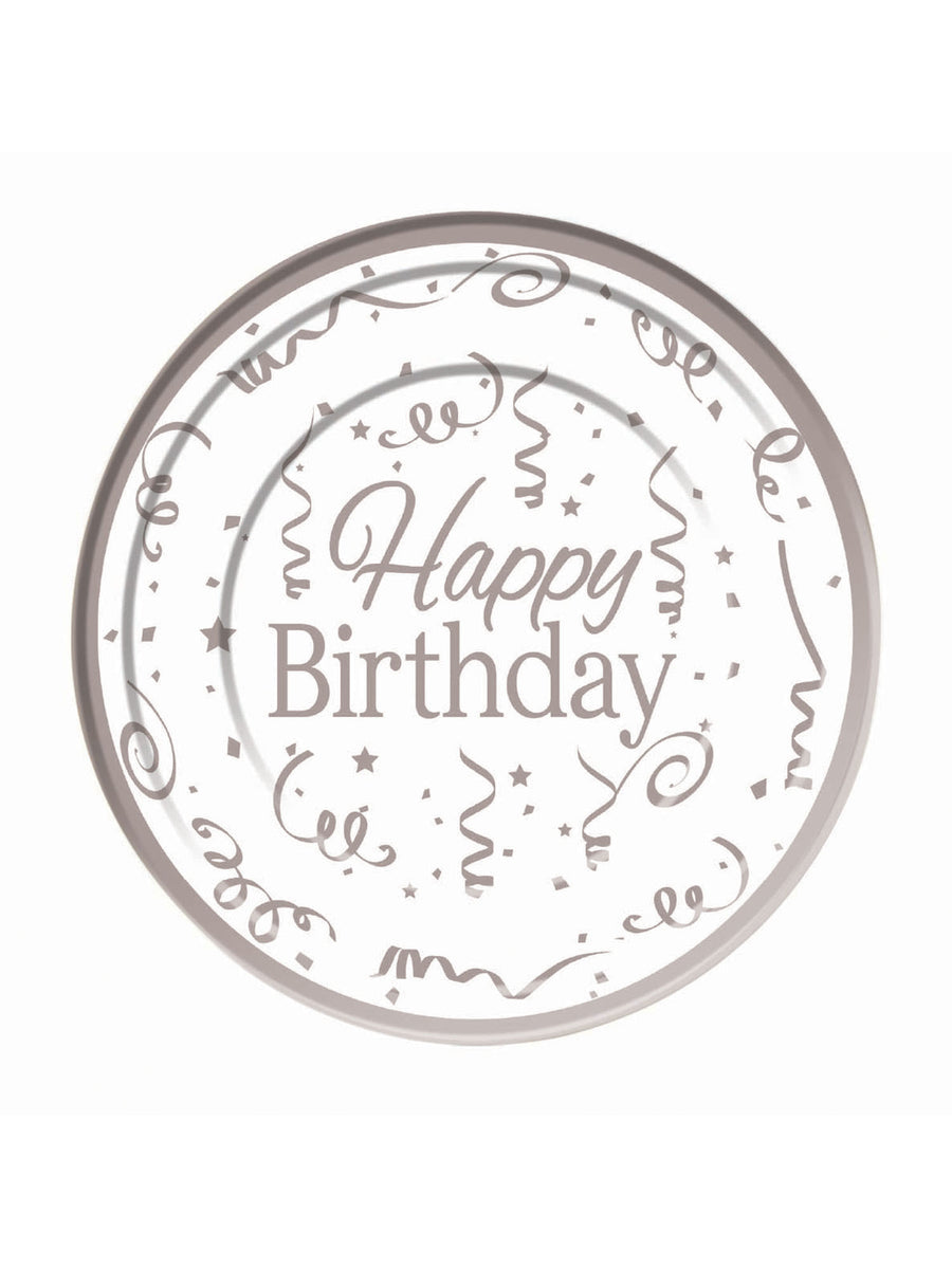 Rubies Silver Happy Birthday Plates Plastic (10 pack) 26cm Party Goods