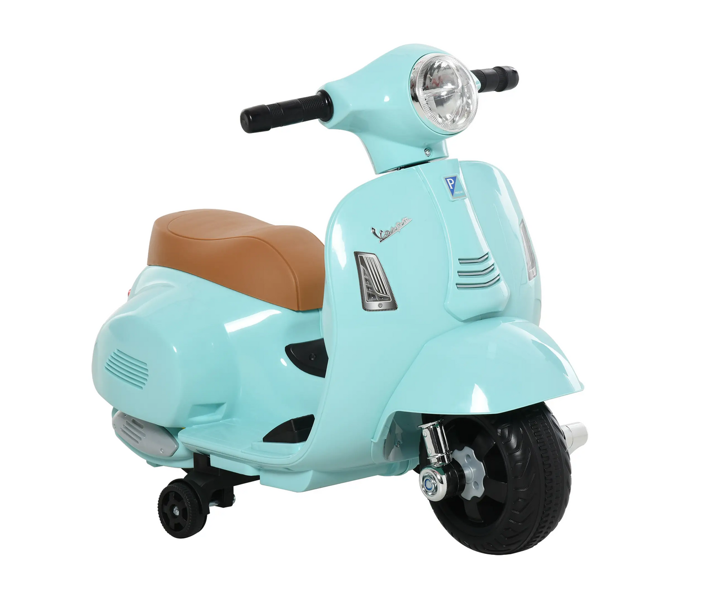 Grünes Vespa Elektromotorrad für Kleinkinder mit LED-Scheinwerfern und abnehmbaren Stützrädern.